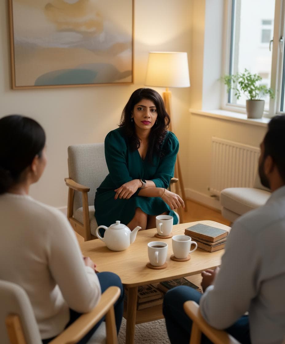 Mediator Sachskita Datadin - Samen Niet Alleen Sachskita Datadin in gesprek met een koppel tijdens een rustgegevende sessie met een paar kopjes thee.